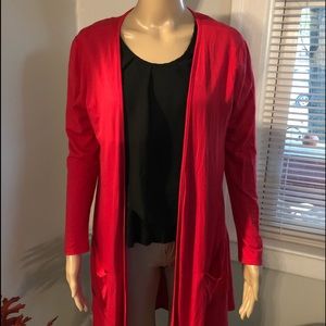 Vibrant Red Cardigan with Adorable Front Pockets